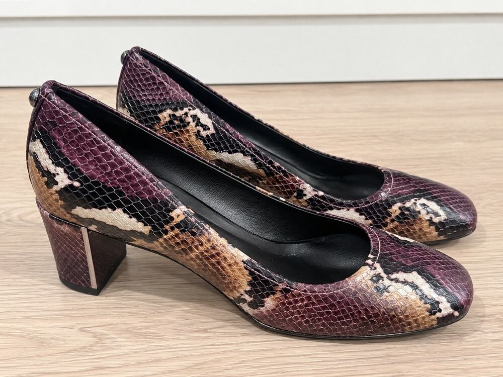 Donald Pliner Snakeskin Pumps Size 8 Burgundy Plum Brown Block Heel new